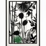 Silke Wagner, Figure XV, 2025, Scherenschnitt, Siebdruck auf Papier, 77 x 54 cm, gerahmt, Unikat; Lebensraumverlust des asiatischen Elefanten (schwarz) in Relation zum noch vorhandenen Lebensraum (grün)